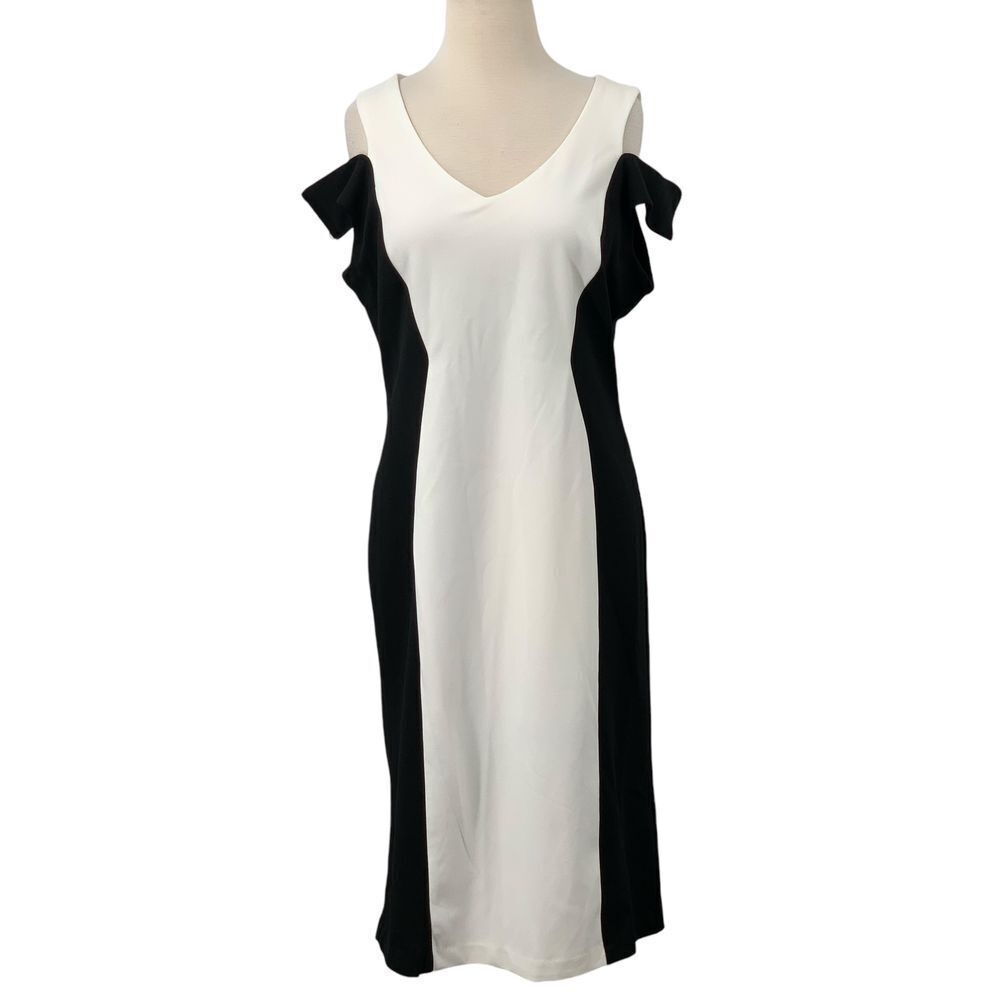 NWT Ronni Nicole Women's Cold Shoulder Midi Dress Black/White Colorblock Size 12